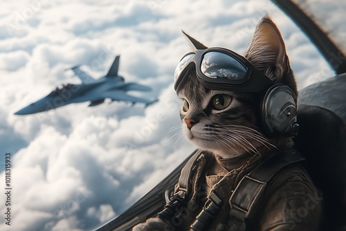 A cat pilot in a cockpit with a fighter jet in the background. photo