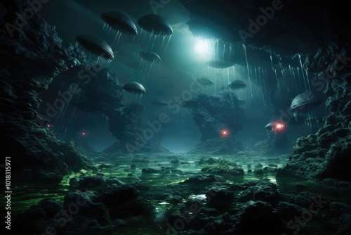 Mysterious Cave with Floating UFOs and Green Water