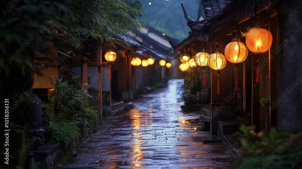 Fototapeta premium Illuminated Stone Path in a Historic Asian Village
