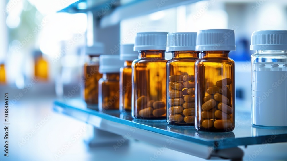 Close up of Assorted Medication Bottles on Shelf in Laboratory Close up of Assorted Medication Bottles on Shelf in Laboratory