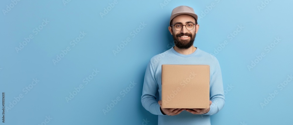 Smiling Individual Holding a Cardboard Box Against a Blue Background Smiling Individual Holding a Cardboard Box Against a Blue Background