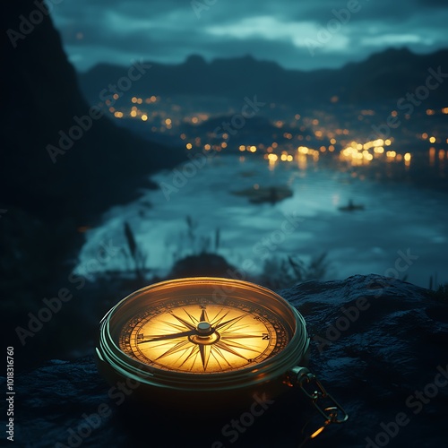 A compass points towards a city lights on a calm water. photo