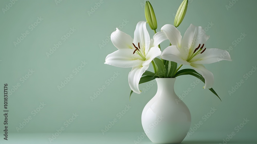 Elegant white lilies in a simple vase, set against a pale green background, featuring a minimalist arrangement and soft lighting, radiating a serene and clean aesthetic. Elegant white lilies in a simple vase, set against a pale green background, featuring a minimalist arrangement and soft lighting, radiating a serene and clean aesthetic.
