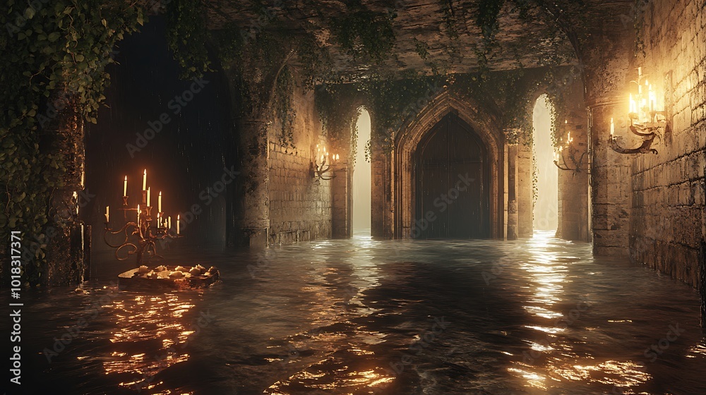 A dark, flooded hallway with a large doorway at the end. Candles cast flickering shadows on the walls. A dark, flooded hallway with a large doorway at the end. Candles cast flickering shadows on the walls.