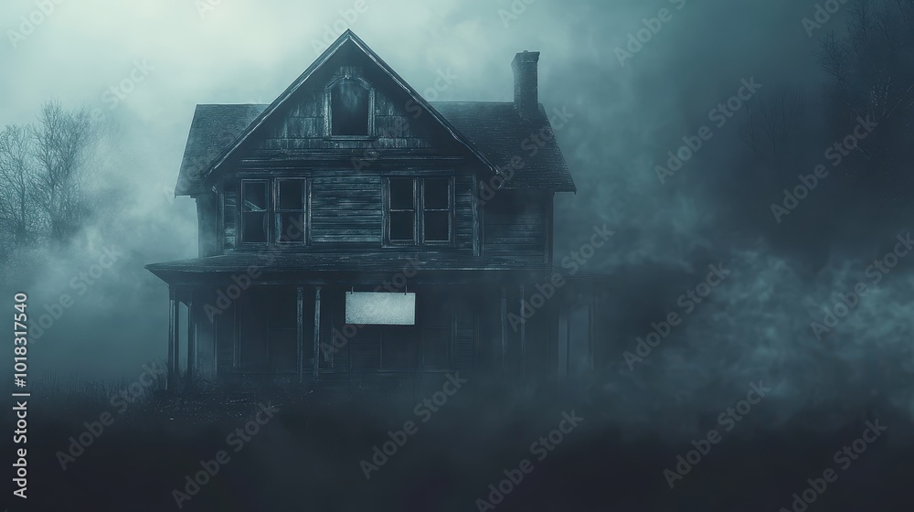 An Eerie, Fog-Shrouded House with a Blank Sign An Eerie, Fog-Shrouded House with a Blank Sign