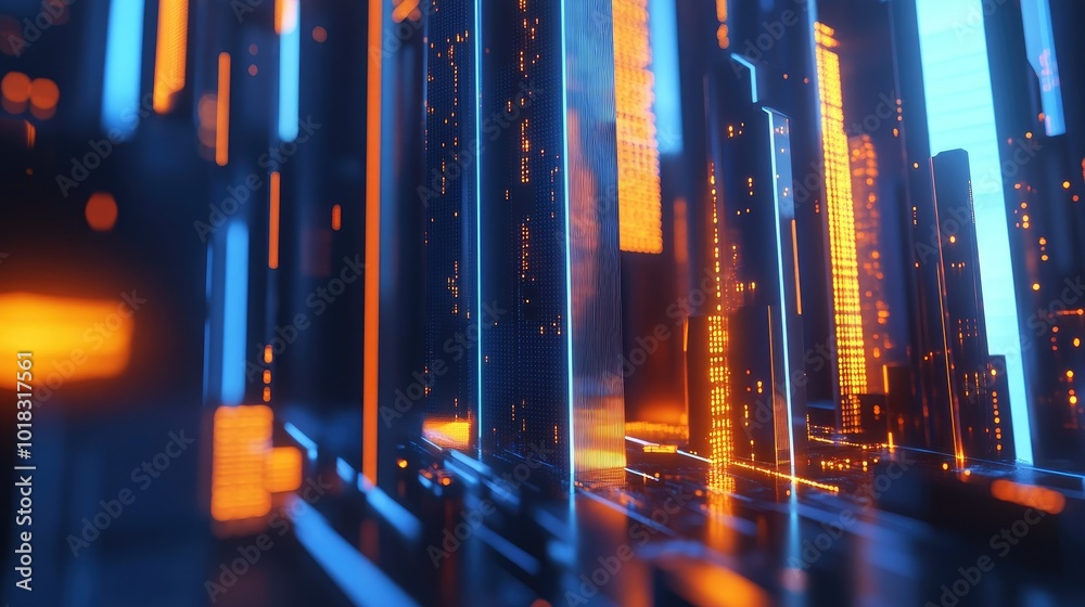 A digital environment with glowing blue and orange bars, illustrating dynamic information flow in a high-tech setting. A digital environment with glowing blue and orange bars, illustrating dynamic information flow in a high-tech setting.