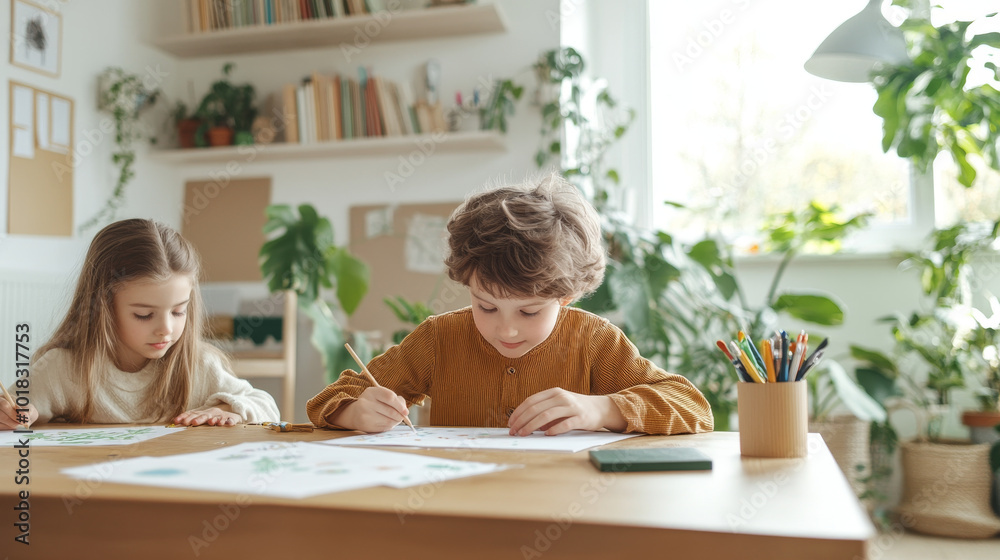 Creative children engaged in art activities at cozy home workspace, surrounded by plants and natural light. Their focus and joy in creating colorful drawings reflect nurturing environment Creative children engaged in art activities at cozy home workspace, surrounded by plants and natural light. Their focus and joy in creating colorful drawings reflect nurturing environment