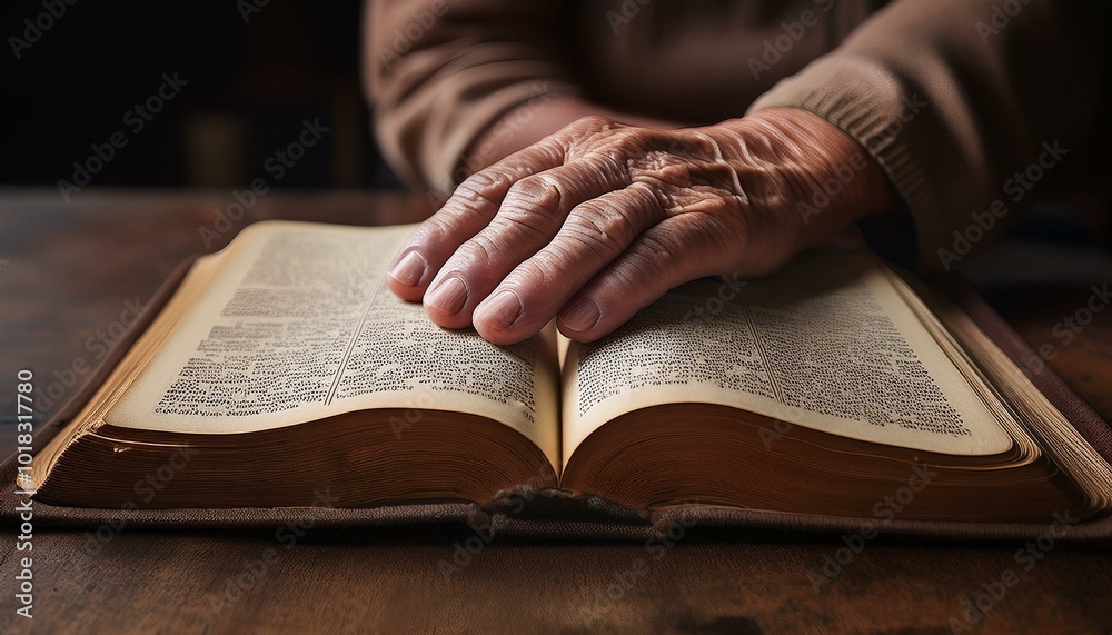 A wrinkled hand resting lightly on an open Bible A wrinkled hand resting lightly on an open Bible