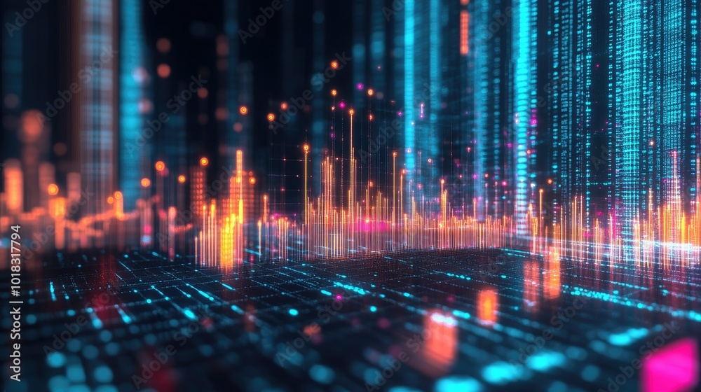 A digital environment with radiant lights and bars, highlighting dynamic information flow.