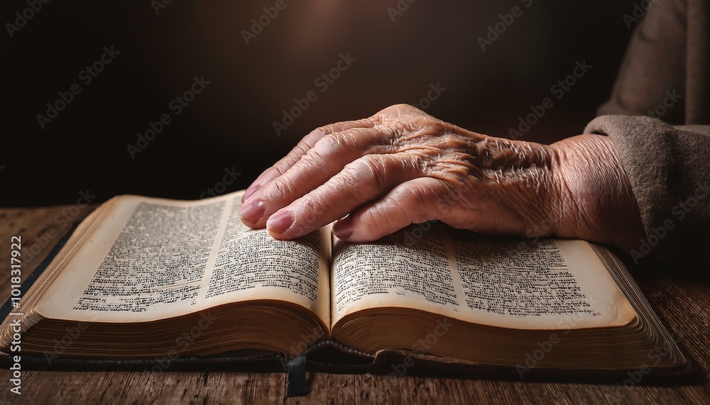 Naklejka premium A wrinkled hand resting lightly on an open Bible