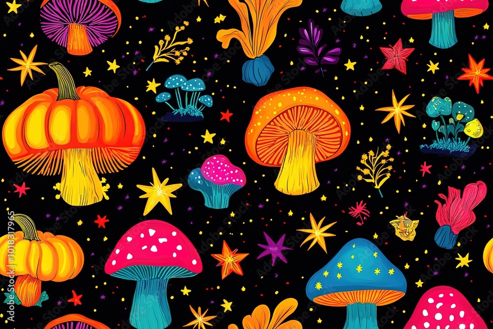 Neon rainbow mushrooms with pumpkin on a black background, with stars that glow in the dark Neon rainbow mushrooms with pumpkin on a black background, with stars that glow in the dark