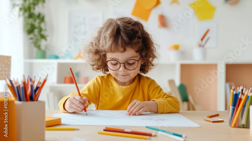 Creative child drawing with colored pencils in bright classroom. young girl, wearing glasses and yellow shirt, enjoys her artistic expression surrounded by art supplies