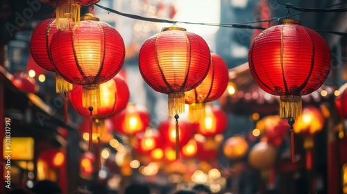 Red Chinese Lanterns Hanging In A Row