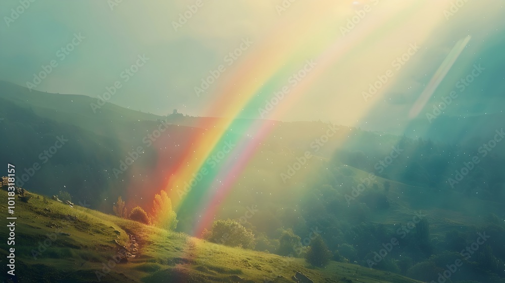 Vibrant Rainbow Arches Over Lush Valley After Rainstorm Sunlight Breaks Through Clouds Symbolizing Hope and Renewal Vibrant Rainbow Arches Over Lush Valley After Rainstorm Sunlight Breaks Through Clouds Symbolizing Hope and Renewal