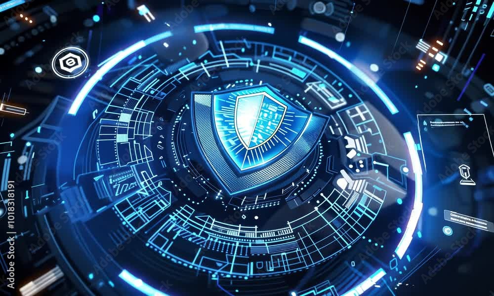 A futuristic digital interface with a shield symbol, representing cybersecurity and technology. A futuristic digital interface with a shield symbol, representing cybersecurity and technology.