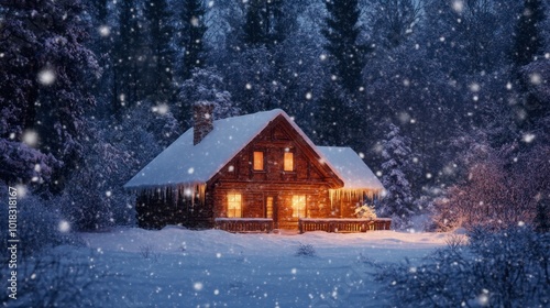 A cozy cabin surrounded by a heavy snowfall, with a warm glow coming from the windows and snow-covered trees in the background.