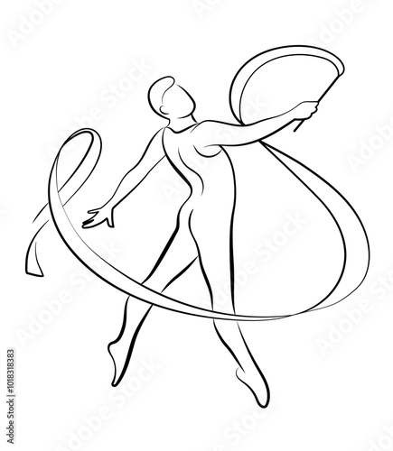 male rhythmic gymnast performing with a ribbon, line art illustratio