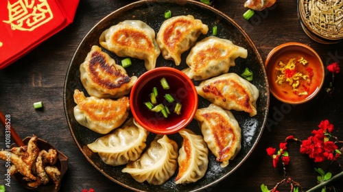 Pan-fried dumplings served with a side of soy sauce and scallions