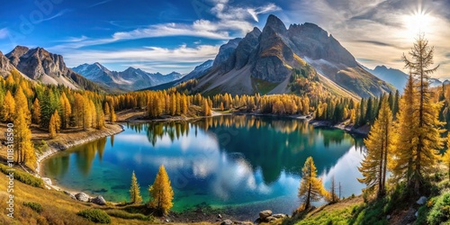 mountain panorama with lake and larch trees in a tilted angle
