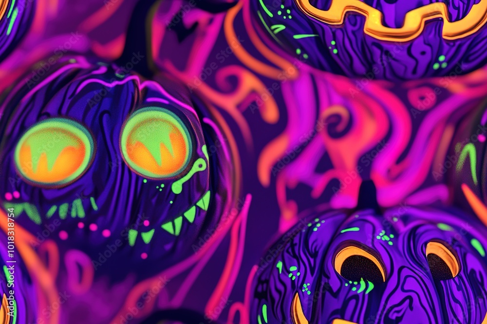 A purple and green pumpkin with yellow eyes, colorful swirls of blacklight-inspired art style designs, A purple and green pumpkin with yellow eyes, colorful swirls of blacklight-inspired art style designs,