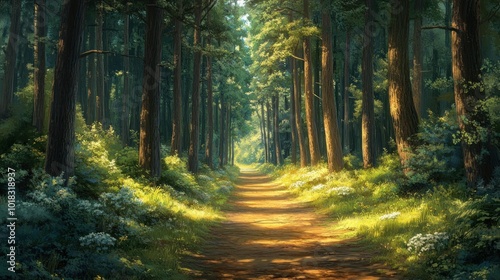 A picturesque path winds through a dense forest, sunlight filtering through the canopy and illuminating the ground.