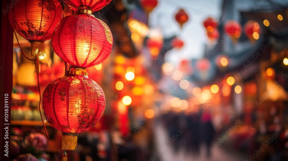 Red Lanterns Hanging in a Festive Street Market Red Lanterns Hanging in a Festive Street Market