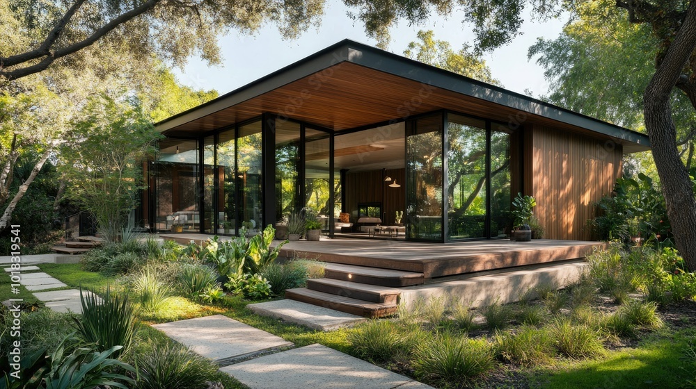 A modern home with a wooden exterior, glass walls, and minimalist landscaping. A modern home with a wooden exterior, glass walls, and minimalist landscaping.