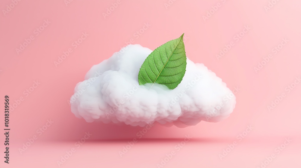 Obraz premium White cloud with a green leaf floating on a pink background.