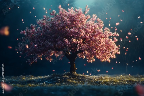 A lone cherry blossom tree in a mystical forest. photo