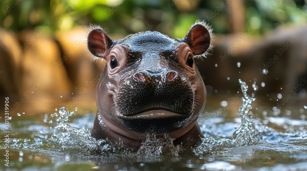 Fototapeta premium A cute baby hippo emerges from the water, surrounded by playful splashes, capturing a fun moment in a natural habitat.