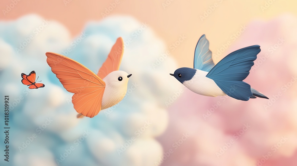 Fototapeta premium Colorful birds flying amidst soft pastel clouds, whimsical and serene atmosphere.
