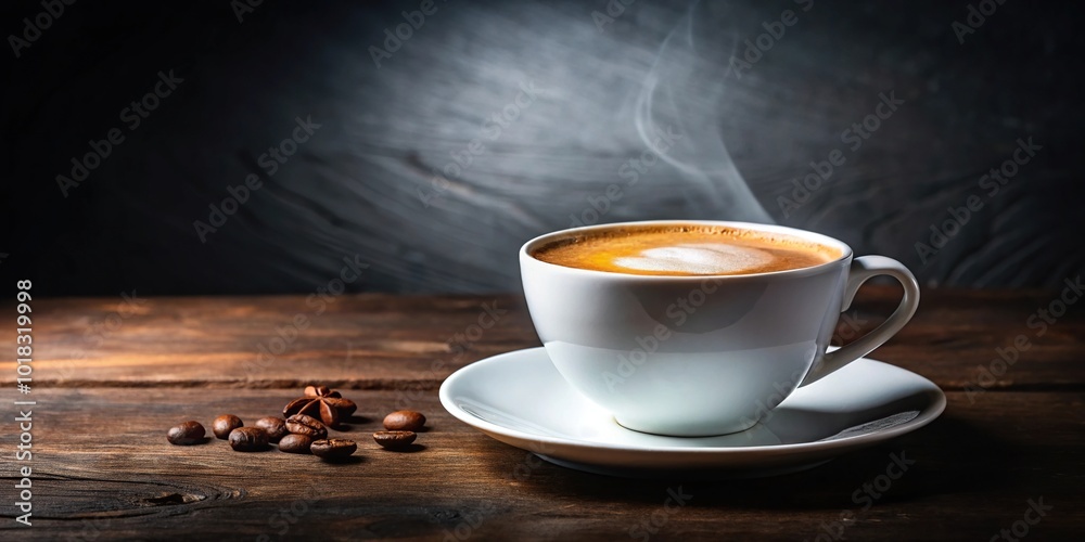 Obraz premium Freshly brewed coffee in a white cup on a dark table