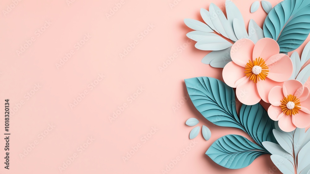 Naklejka premium Colorful paper flowers and leaves on a pastel background.