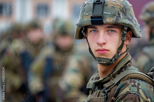 portrait of a male soldier in military uniform with a helmet against the background other soldiers standing in the background