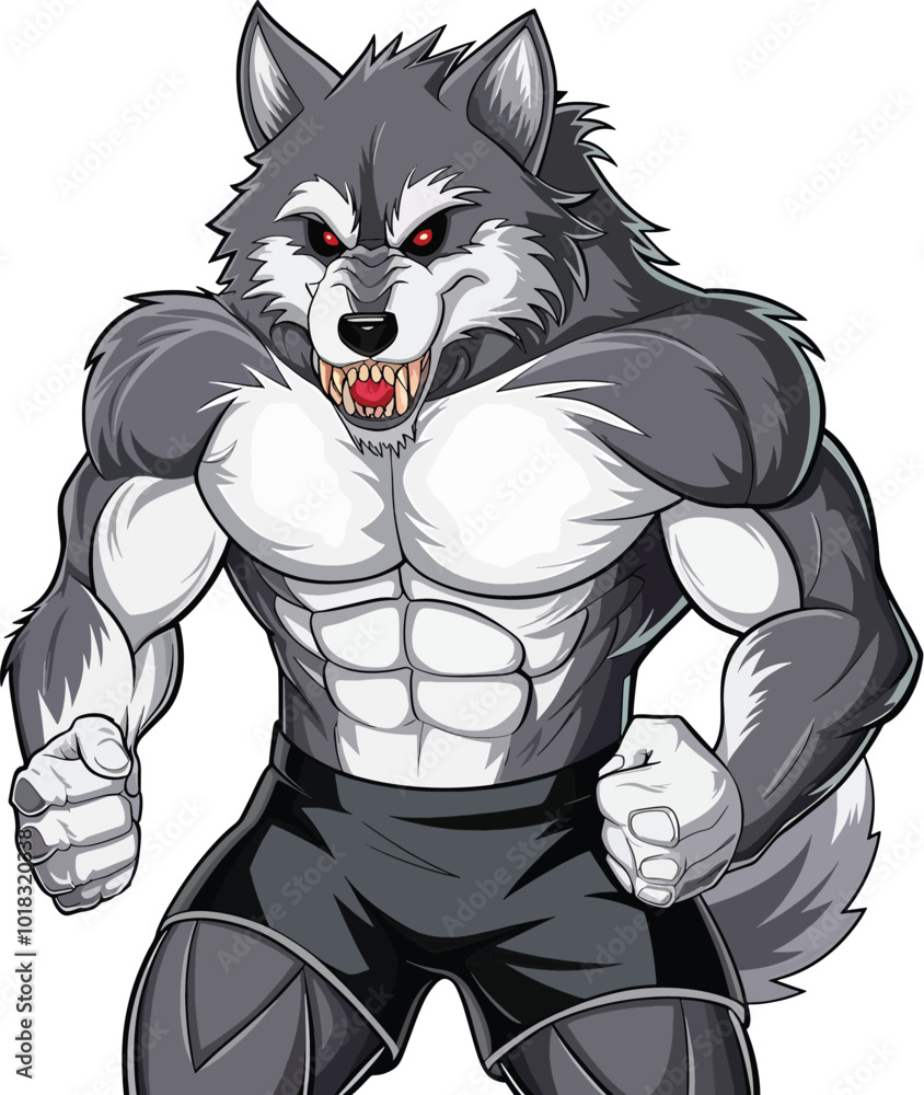 Fototapeta premium A angry wolf sharp teeth chest bodybuilder monster beast mascot logo vector illustration