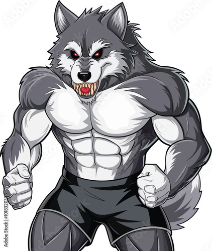 A angry wolf sharp teeth chest bodybuilder monster beast mascot logo vector illustration