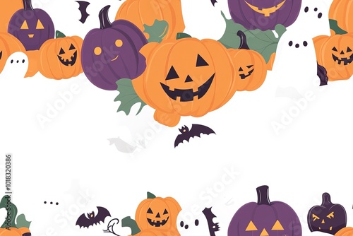 Halloween themed background with pumpkins, ghosts and jack o lanterns, white space in the center for text