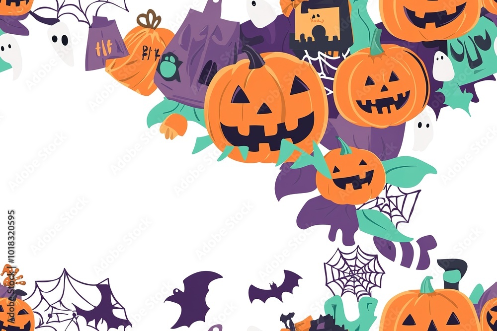 Halloween themed background with pumpkins, ghosts and jack o lanterns, white space in the center for text Halloween themed background with pumpkins, ghosts and jack o lanterns, white space in the center for text