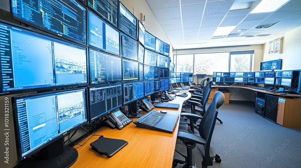 A large, modern control room with a wall of computer monitors displaying data and graphs, suggesting the operation of a complex system. A large, modern control room with a wall of computer monitors displaying data and graphs, suggesting the operation of a complex system.