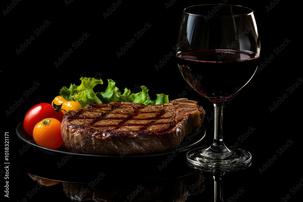 Tasty beef steak and a glass of red wine on a black background - generative ai Tasty beef steak and a glass of red wine on a black background - generative ai