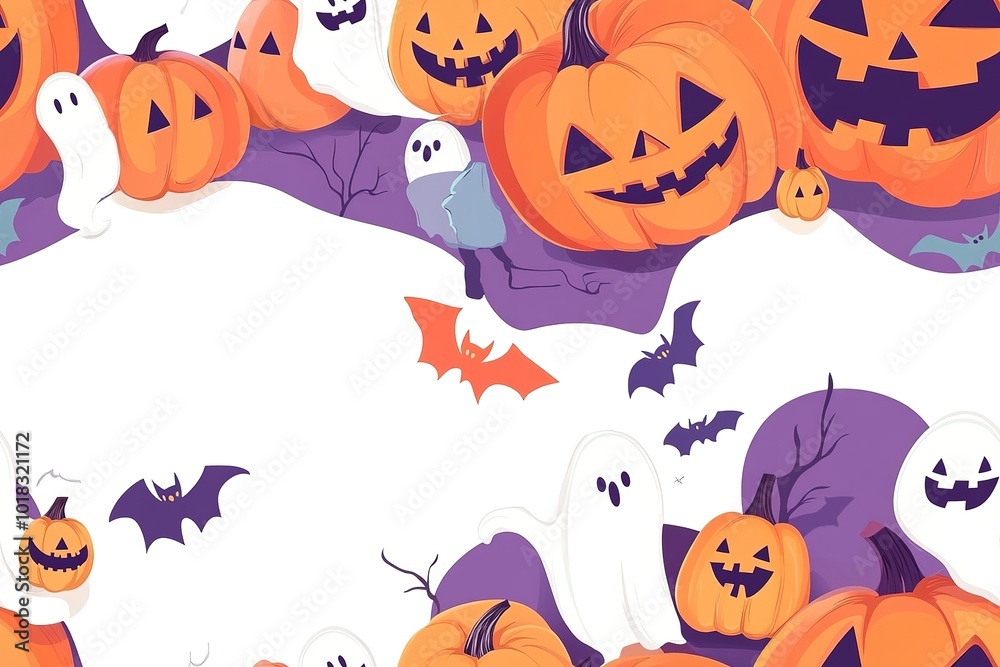 Halloween themed background with pumpkins, ghosts and jack o lanterns, white space in the center for text Halloween themed background with pumpkins, ghosts and jack o lanterns, white space in the center for text