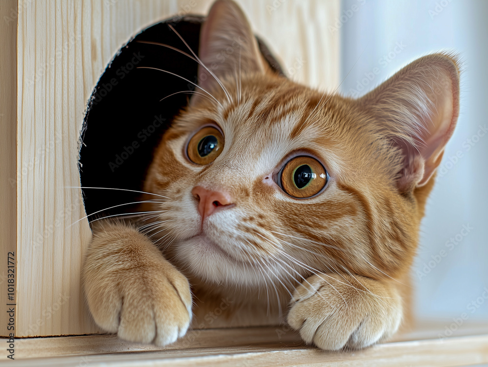 Naklejka premium A red cat looks out of a round hole