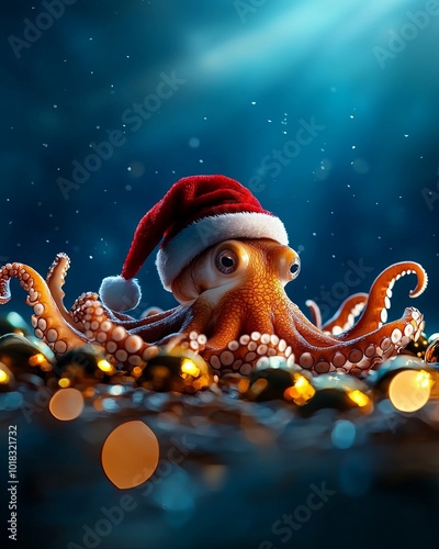 A festive octopus wearing a Santa hat surrounded by colorful ornaments under shimmering water, perfect for holiday themes.