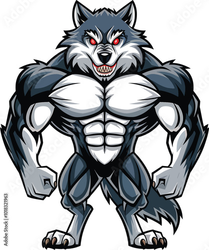 A angry wolf sharp teeth chest bodybuilder monster beast mascot logo vector illustration