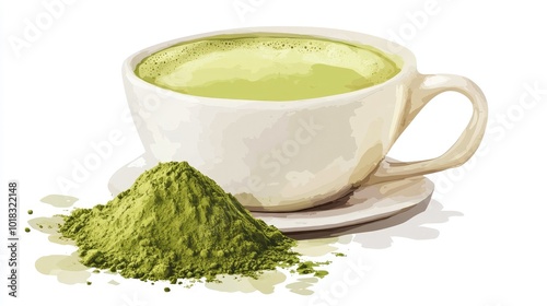 A white cup of matcha latte, with beautiful art and a pile of green matcha powder.