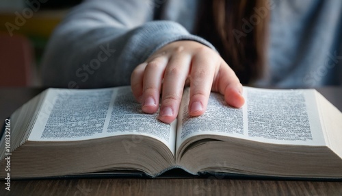 A teenage hand resting on the Bible's pages