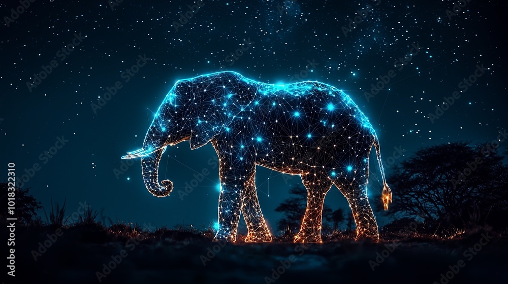 A digitally created elephant with an intricate blue and orange network glow stands out against a dark starry background, merging art and technology seamlessly. A digitally created elephant with an intricate blue and orange network glow stands out against a dark starry background, merging art and technology seamlessly.