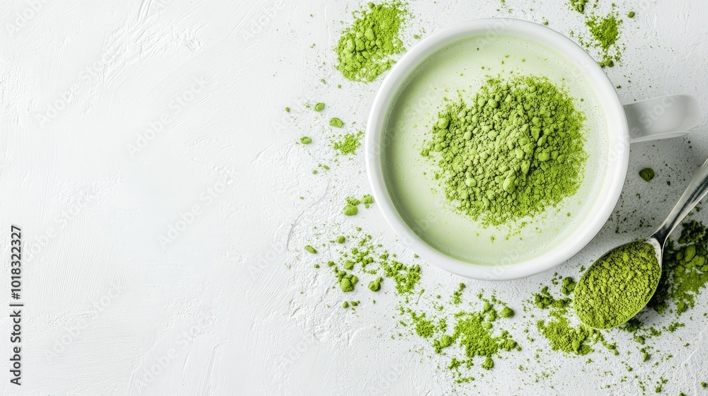 A white cup of matcha latte, with beautiful art and a pile of green matcha powder. A white cup of matcha latte, with beautiful art and a pile of green matcha powder.
