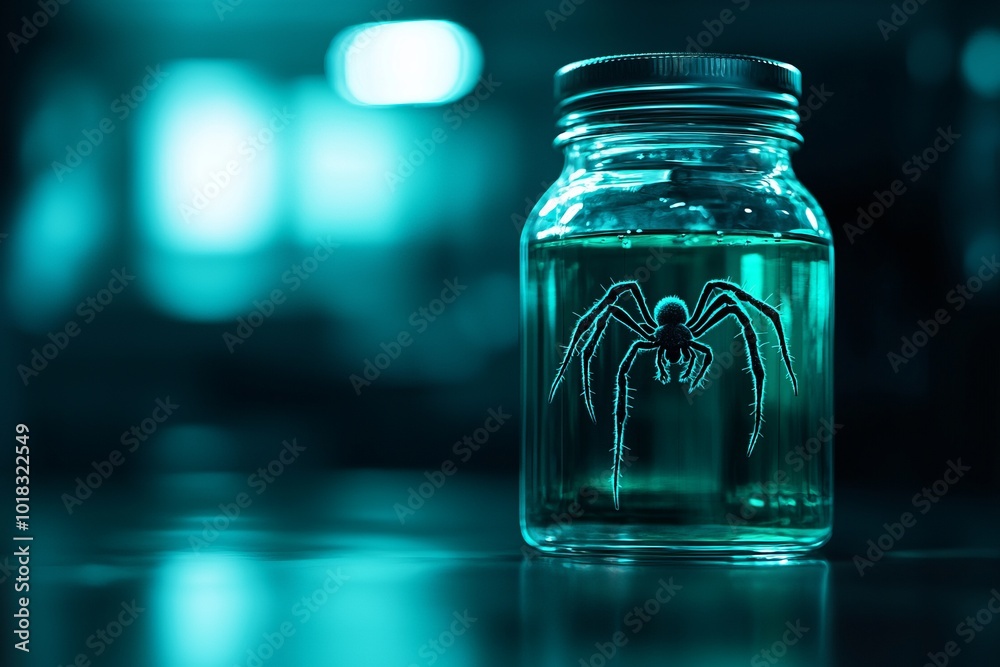 A mysterious jar containing a spider, surrounded by an eerie blue glow, evoking curiosity and intrigue in viewers. A mysterious jar containing a spider, surrounded by an eerie blue glow, evoking curiosity and intrigue in viewers.