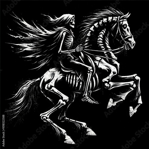 A skeletal figure rides a galloping horse, shrouded in dark shadows, embodying a haunting theme of death and mystery.
